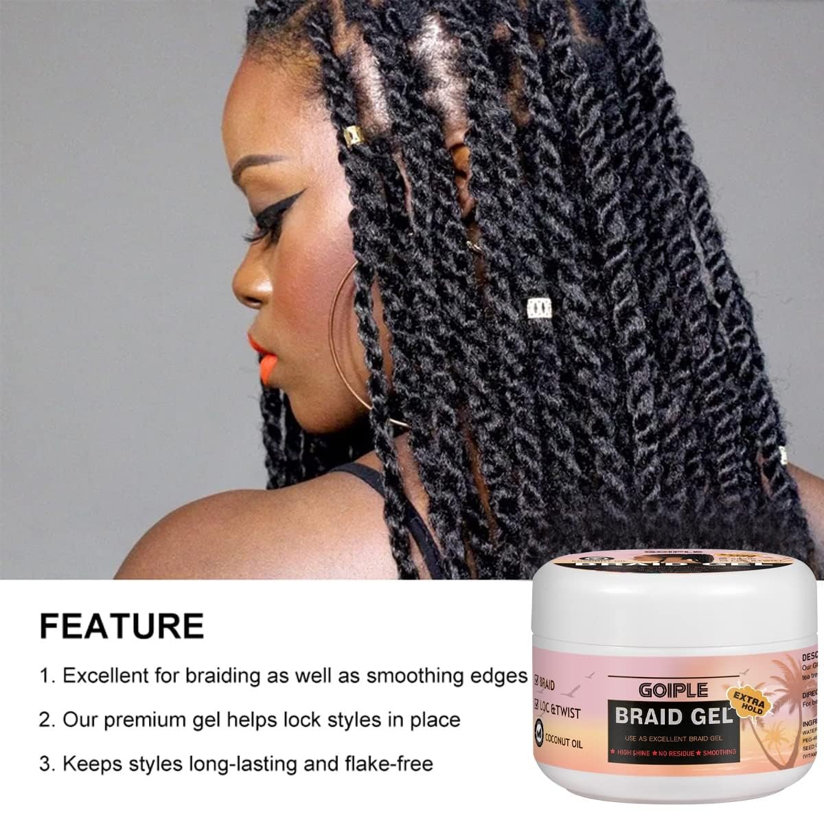 Extra Hold Styling Gel and Mousse for Braids, Twists, Locs, Cornrows - Frizz Taming, Smoothing & Edge Control with Rosemary Hair Growth Oil (Bonus: Hair Combs, Bonnet, Clips) Avelisse