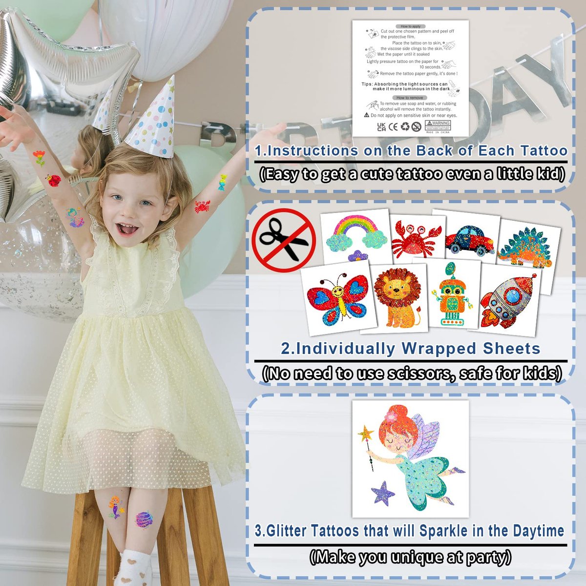 204 Glitter Temporary Tattoos for Kids – Individually Wrapped Sheets – Party Favors, Goodie Bag Stuffers, Birthday Surprise Waterproof Stickers - görsel 3