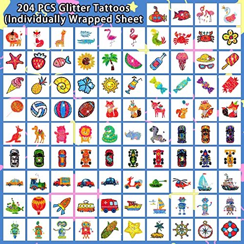 204 Glitter Temporary Tattoos for Kids – Individually Wrapped Sheets – Party Favors, Goodie Bag Stuffers, Birthday Surprise Waterproof Stickers - görsel 6
