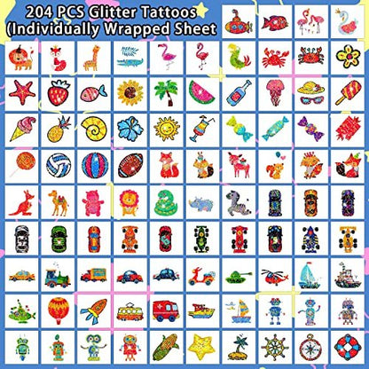 204 Glitter Temporary Tattoos for Kids – Individually Wrapped Sheets – Party Favors, Goodie Bag Stuffers, Birthday Surprise Waterproof Stickers