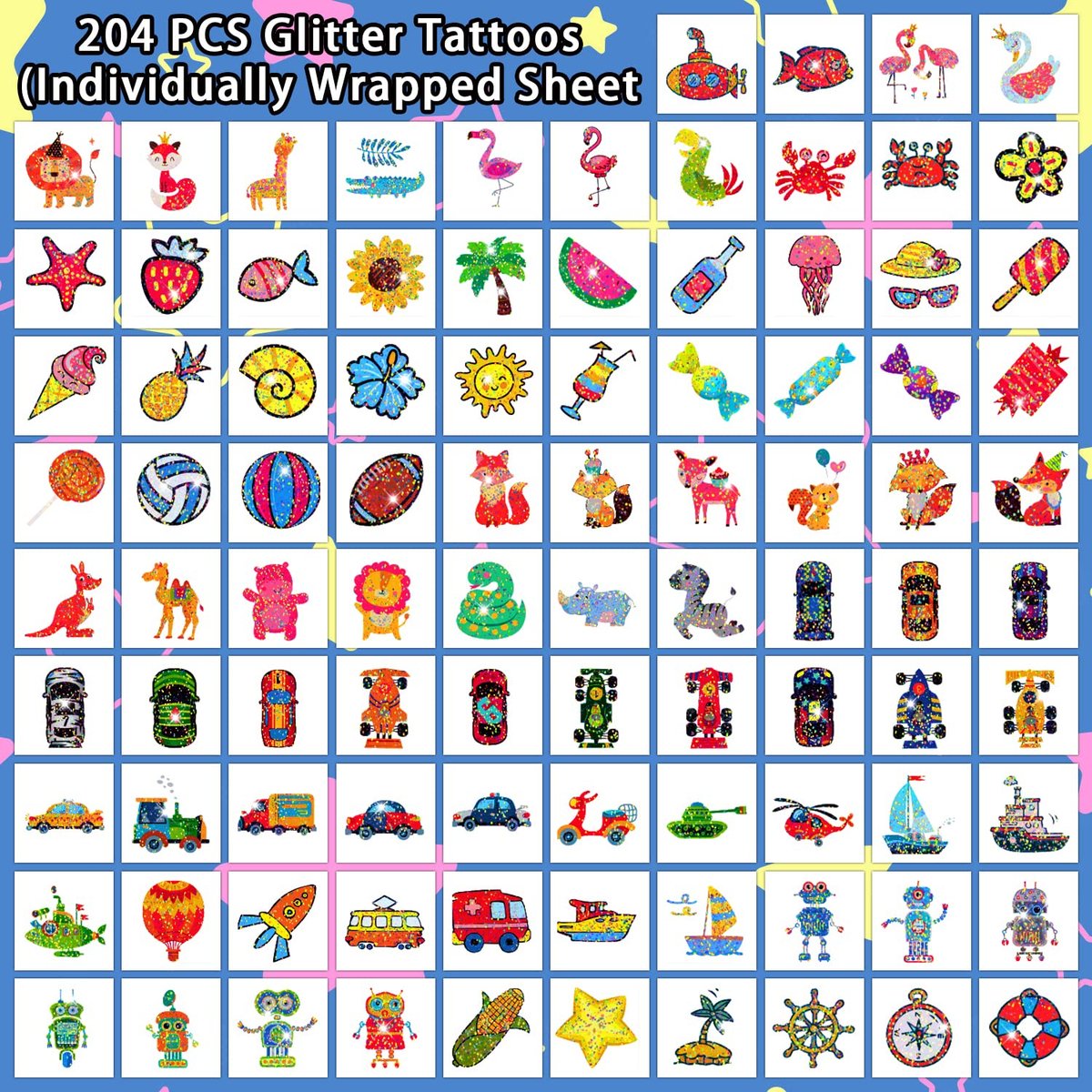 204 Glitter Temporary Tattoos for Kids – Individually Wrapped Sheets – Party Favors, Goodie Bag Stuffers, Birthday Surprise Waterproof Stickers - görsel 5