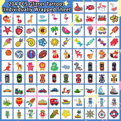 204 Glitter Temporary Tattoos for Kids – Individually Wrapped Sheets – Party Favors, Goodie Bag Stuffers, Birthday Surprise Waterproof Stickers