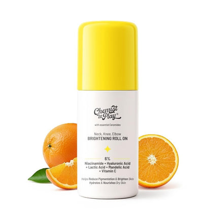 Chemist at Play Roll On Serum For Neck, Knee & Elbow - 6% Vitamin C + Hyaluronic Acid + AHAs + Niacinamide + Ceramides | Exfoliates, Removes Pigmentation, Hydrates Dry Skin | 1.35 oz