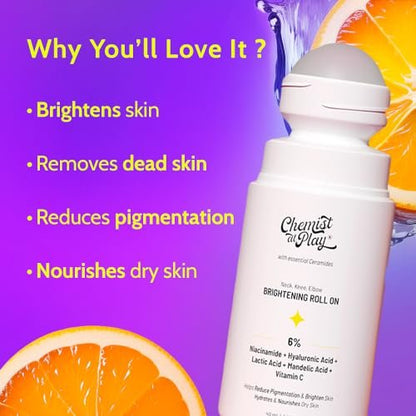 Chemist at Play Roll On Serum For Neck, Knee & Elbow - 6% Vitamin C + Hyaluronic Acid + AHAs + Niacinamide + Ceramides | Exfoliates, Removes Pigmentation, Hydrates Dry Skin | 1.35 oz