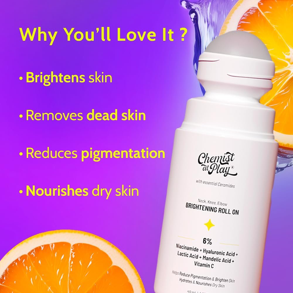 Chemist at Play Roll On Serum For Neck, Knee & Elbow - 6% Vitamin C + Hyaluronic Acid + AHAs + Niacinamide + Ceramides | Exfoliates, Removes Pigmentation, Hydrates Dry Skin | 1.35 oz - görsel 3