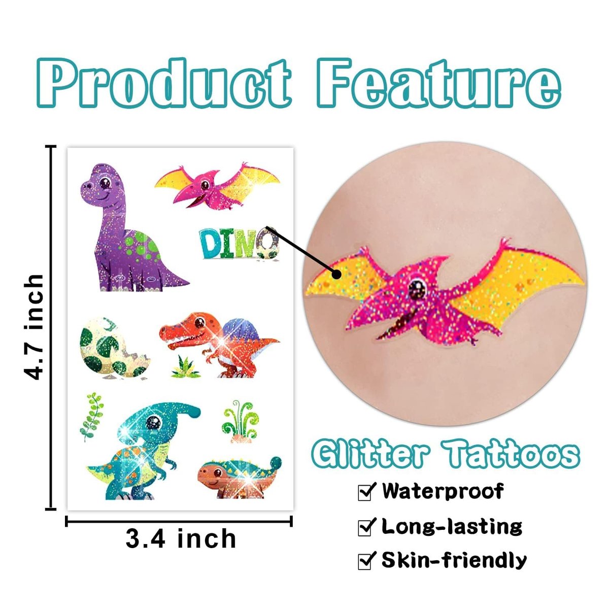 Partywind 120 Glitter Styles Dinosaur Tattoos for Kids Party Supplies, Dinosaur Birthday Party Favors Decorations, Fake Tattoo Stickers for Boys and Girls (12 Sheets) - görsel 5