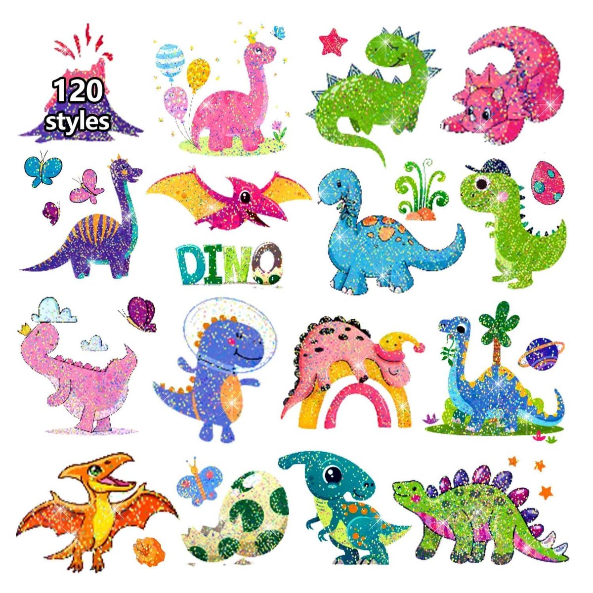 Partywind 120 Glitter Styles Dinosaur Tattoos for Kids Party Supplies, Dinosaur Birthday Party Favors Decorations, Fake Tattoo Stickers for Boys and Girls (12 Sheets) - görsel 1