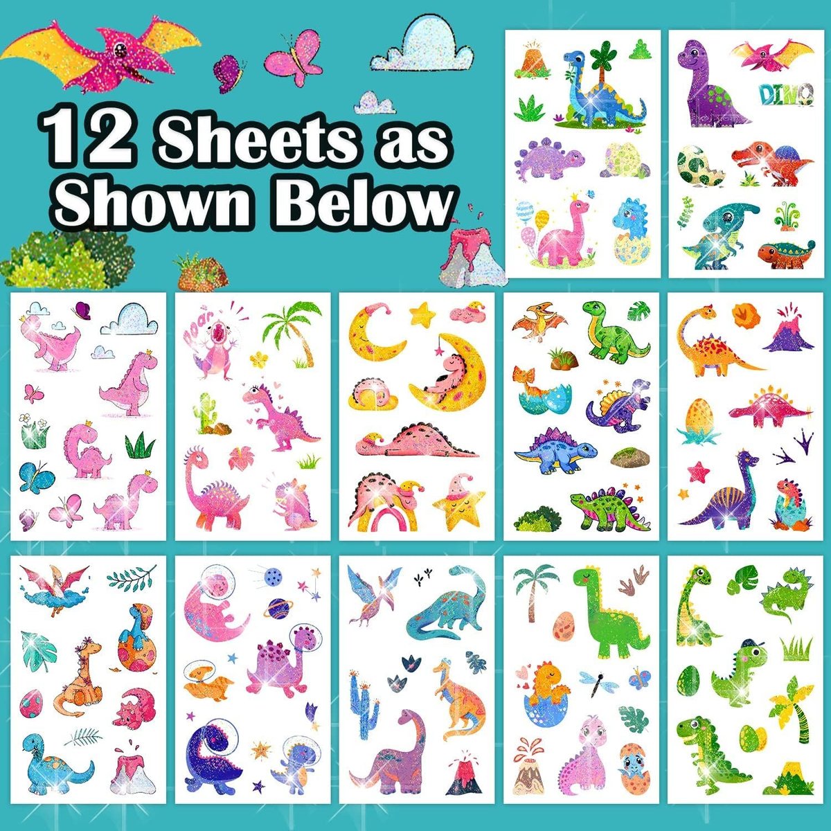 Partywind 120 Glitter Styles Dinosaur Tattoos for Kids Party Supplies, Dinosaur Birthday Party Favors Decorations, Fake Tattoo Stickers for Boys and Girls (12 Sheets) - görsel 3