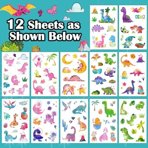 Partywind 120 Glitter Styles Dinosaur Tattoos for Kids Party Supplies, Dinosaur Birthday Party Favors Decorations, Fake Tattoo Stickers for Boys and Girls (12 Sheets) - görsel 4