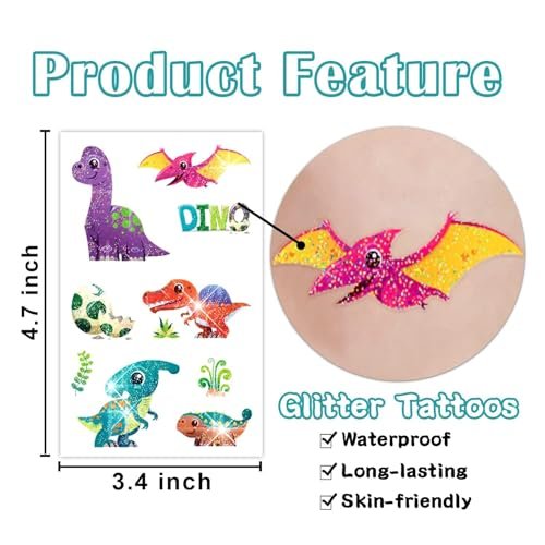 Partywind 120 Glitter Styles Dinosaur Tattoos for Kids Party Supplies, Dinosaur Birthday Party Favors Decorations, Fake Tattoo Stickers for Boys and Girls (12 Sheets) - görsel 6