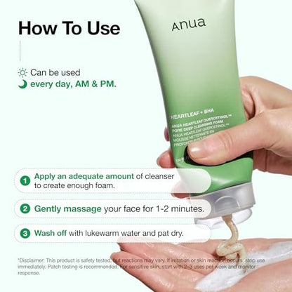 Anua Heartleaf Quercetinol Pore Deep Cleansing Foam - Hydrating Daily Facial Cleanser for Pore Refining, Gentle Foaming with BHA, Korean Skincare, 5.07 fl.oz. Avelisse
