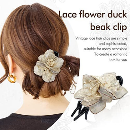 Lawie 4 Pack Mesh Embroidery Flower Duckbill Plastic Flat Hair Clips - Champagne, Pink, Wine Red, Black Flower Clips for Women & Girls Avelisse