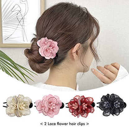 Lawie 4 Pack Mesh Embroidery Flower Duckbill Plastic Flat Hair Clips - Champagne, Pink, Wine Red, Black Flower Clips for Women & Girls Avelisse