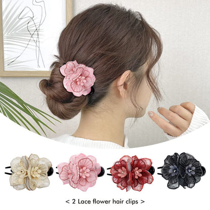 Lawie 4 Pack Mesh Embroidery Flower Duckbill Plastic Flat Hair Clips - Champagne, Pink, Wine Red, Black Flower Clips for Women & Girls Avelisse