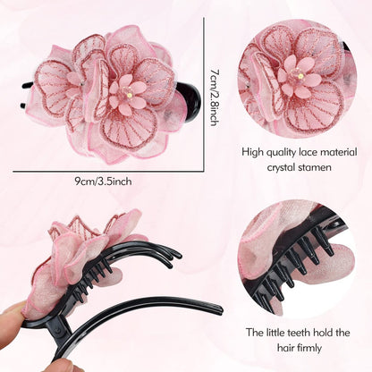 Lawie 4 Pack Mesh Embroidery Flower Duckbill Plastic Flat Hair Clips - Champagne, Pink, Wine Red, Black Flower Clips for Women & Girls Avelisse