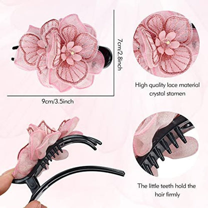 Lawie 4 Pack Mesh Embroidery Flower Duckbill Plastic Flat Hair Clips - Champagne, Pink, Wine Red, Black Flower Clips for Women & Girls Avelisse