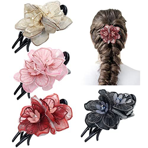 Lawie 4 Pack Mesh Embroidery Flower Duckbill Plastic Flat Hair Clips - Champagne, Pink, Wine Red, Black Flower Clips for Women & Girls Avelisse