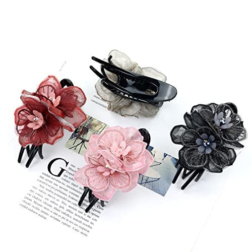 Lawie 4 Pack Mesh Embroidery Flower Duckbill Plastic Flat Hair Clips - Champagne, Pink, Wine Red, Black Flower Clips for Women & Girls Avelisse