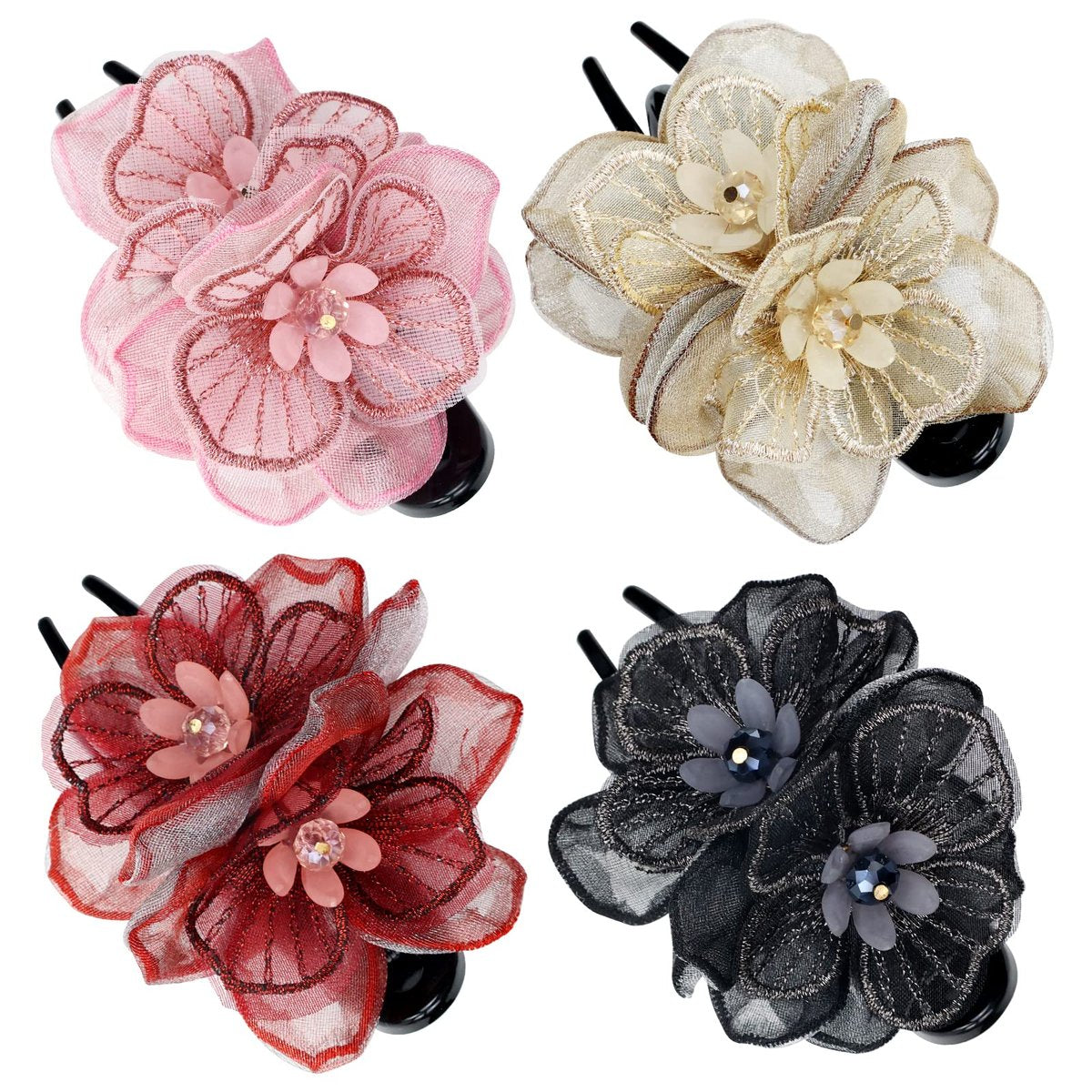Lawie 4 Pack Mesh Embroidery Flower Duckbill Plastic Flat Hair Clips - Champagne, Pink, Wine Red, Black Flower Clips for Women & Girls Avelisse