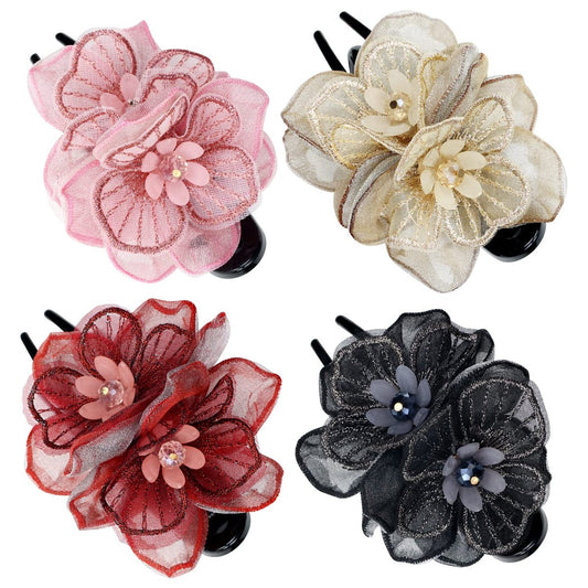 Lawie 4 Pack Mesh Embroidery Flower Duckbill Plastic Flat Hair Clips - Champagne, Pink, Wine Red, Black Flower Clips for Women & Girls Avelisse