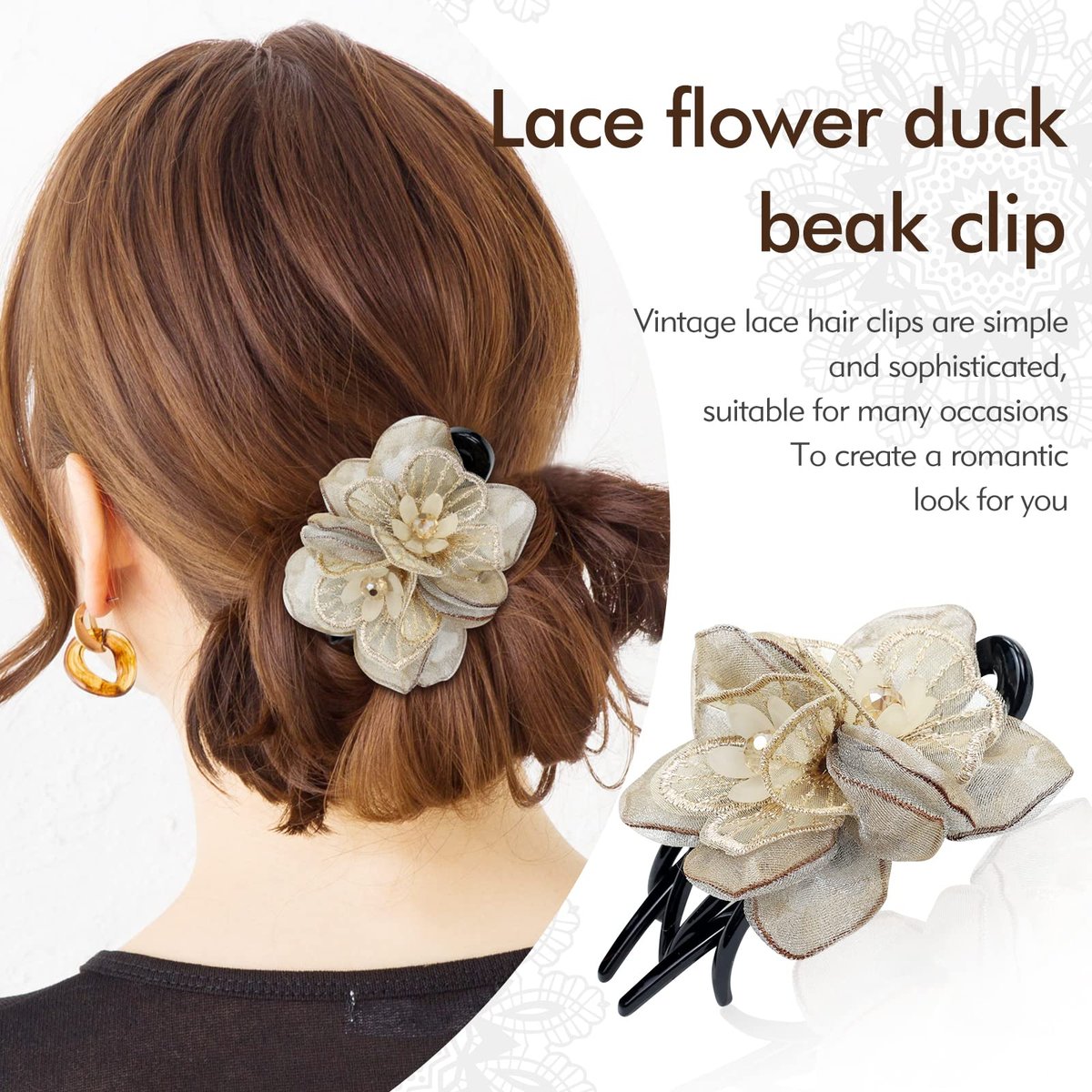Lawie 4 Pack Mesh Embroidery Flower Duckbill Plastic Flat Hair Clips - Champagne, Pink, Wine Red, Black Flower Clips for Women & Girls Avelisse