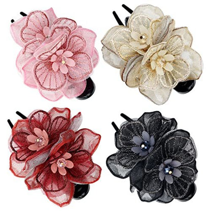 Lawie 4 Pack Mesh Embroidery Flower Duckbill Plastic Flat Hair Clips - Champagne, Pink, Wine Red, Black Flower Clips for Women & Girls Avelisse