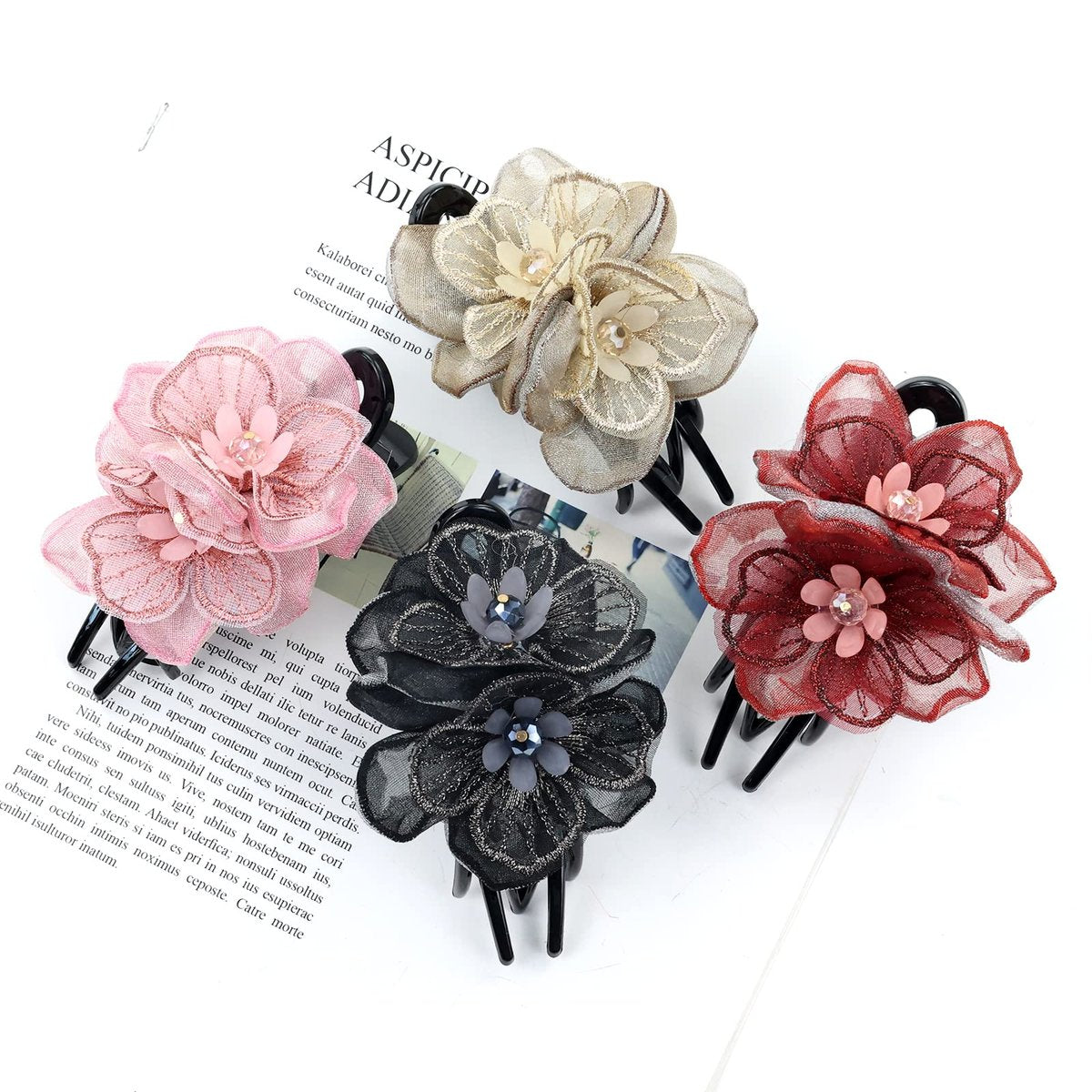 Lawie 4 Pack Mesh Embroidery Flower Duckbill Plastic Flat Hair Clips - Champagne, Pink, Wine Red, Black Flower Clips for Women & Girls Avelisse