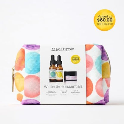 Mad Hippie Wintertime Essentials Travel-Size Skin Care Kit – Vitamin C Serum, Corrective Peptide Serum, Triple C Night Cream (0.5 Oz Ea) in a 100% Recycled Cosmetics Bag + 3 Assorted Sachets Avelisse