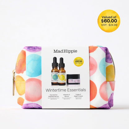 Mad Hippie Wintertime Essentials Travel-Size Skin Care Kit – Vitamin C Serum, Corrective Peptide Serum, Triple C Night Cream (0.5 Oz Ea) in a 100% Recycled Cosmetics Bag + 3 Assorted Sachets Avelisse