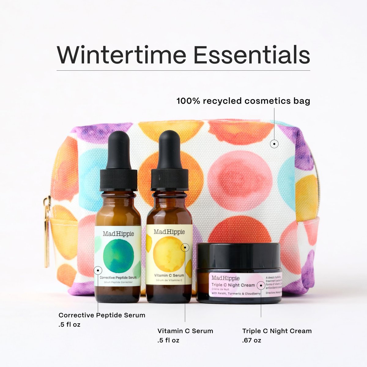 Mad Hippie Wintertime Essentials Travel-Size Skin Care Kit – Vitamin C Serum, Corrective Peptide Serum, Triple C Night Cream (0.5 Oz Ea) in a 100% Recycled Cosmetics Bag + 3 Assorted Sachets Avelisse