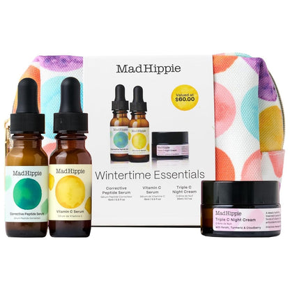 Mad Hippie Wintertime Essentials Travel-Size Skin Care Kit – Vitamin C Serum, Corrective Peptide Serum, Triple C Night Cream (0.5 Oz Ea) in a 100% Recycled Cosmetics Bag + 3 Assorted Sachets Avelisse