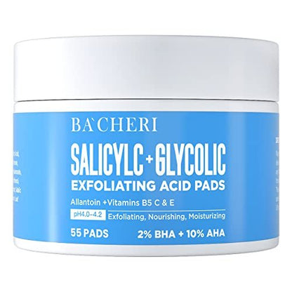 BACHERI 10% Glycolic Acid + 2% Salicylic Acid Peel Pads - Resurfacing Exfoliating Facial Pads with Vitamins B5, C, E & Allantoin for Dark Spots, Blackheads, Acne - 55 Count