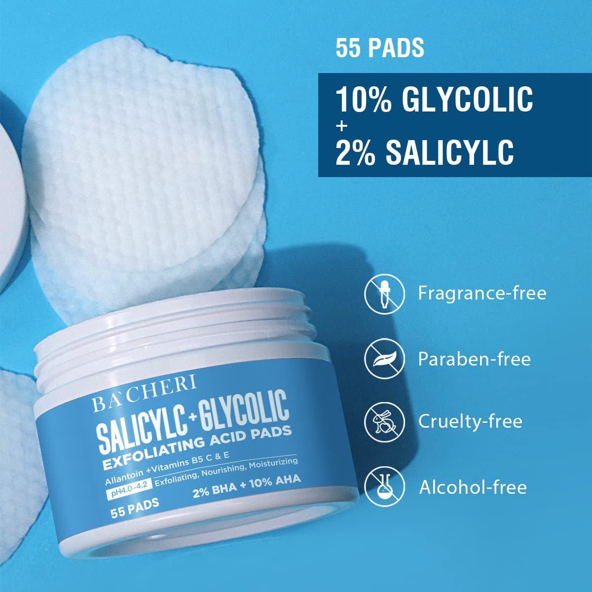 BACHERI 10% Glycolic Acid + 2% Salicylic Acid Peel Pads - Resurfacing Exfoliating Facial Pads with Vitamins B5, C, E & Allantoin for Dark Spots, Blackheads, Acne - 55 Count - görsel 3