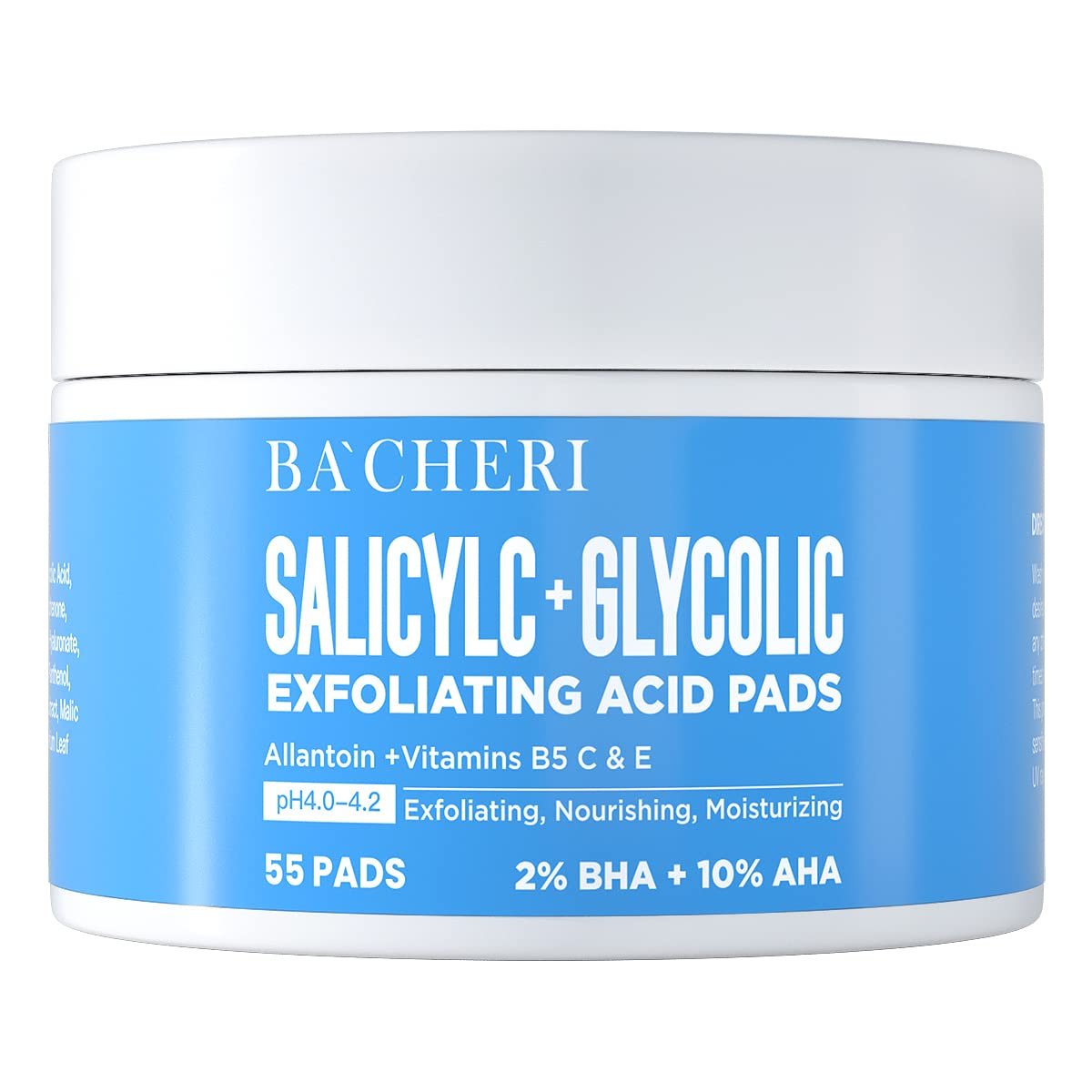 BACHERI 10% Glycolic Acid + 2% Salicylic Acid Peel Pads - Resurfacing Exfoliating Facial Pads with Vitamins B5, C, E & Allantoin for Dark Spots, Blackheads, Acne - 55 Count - görsel 1
