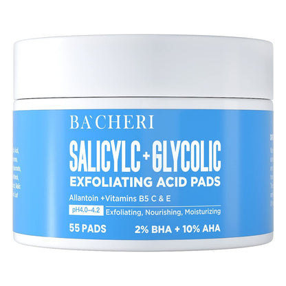 BACHERI 10% Glycolic Acid + 2% Salicylic Acid Peel Pads - Resurfacing Exfoliating Facial Pads with Vitamins B5, C, E & Allantoin for Dark Spots, Blackheads, Acne - 55 Count