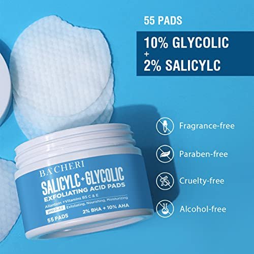 BACHERI 10% Glycolic Acid + 2% Salicylic Acid Peel Pads - Resurfacing Exfoliating Facial Pads with Vitamins B5, C, E & Allantoin for Dark Spots, Blackheads, Acne - 55 Count - görsel 4