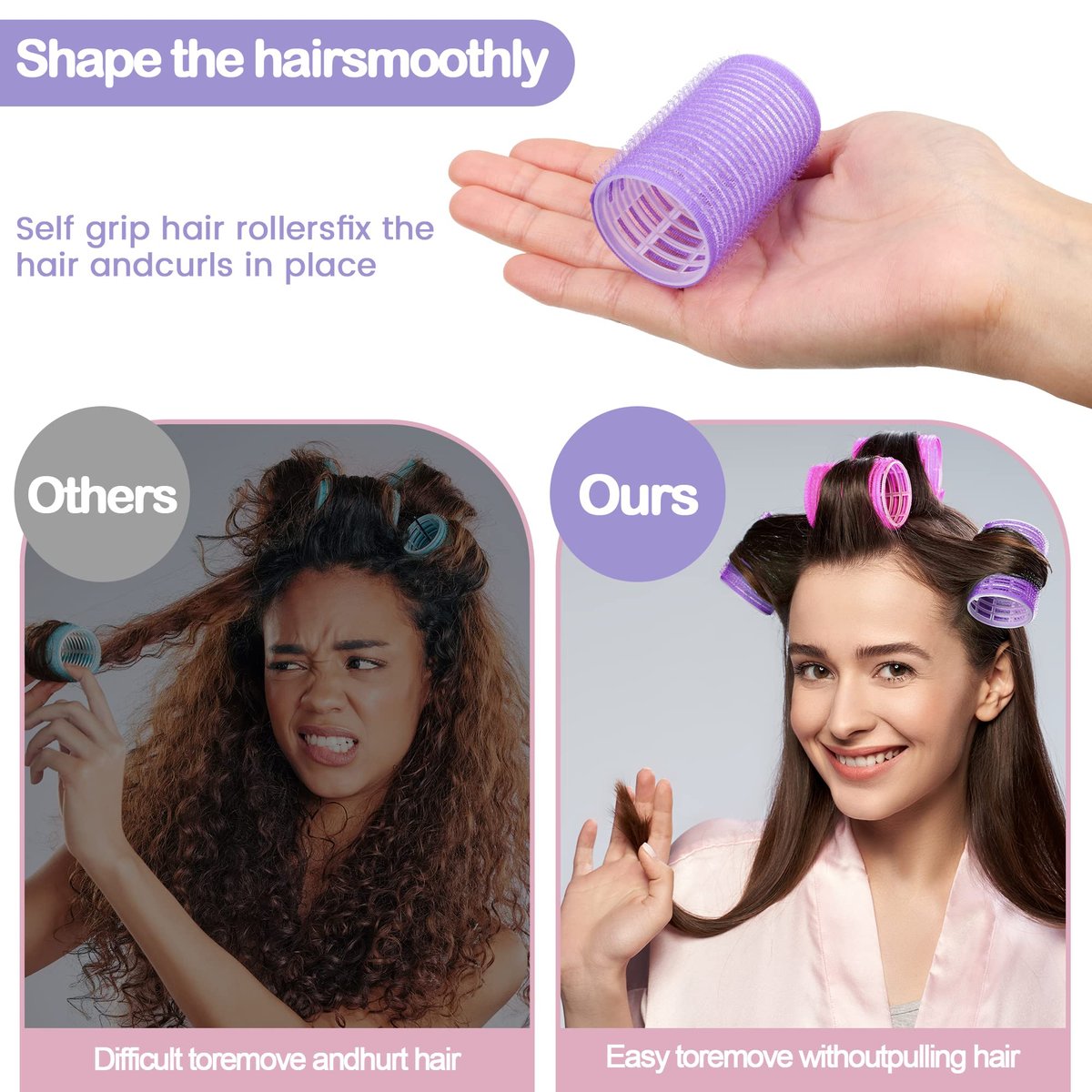 ELASO 33 Piece Self Grip Hair Rollers Set - Large, Medium, Small & Extra Large Foam Rollers for Long, Medium & Short Hair with Stainless Steel Clips & Storage Bag (Purple & Rose) - görsel 10