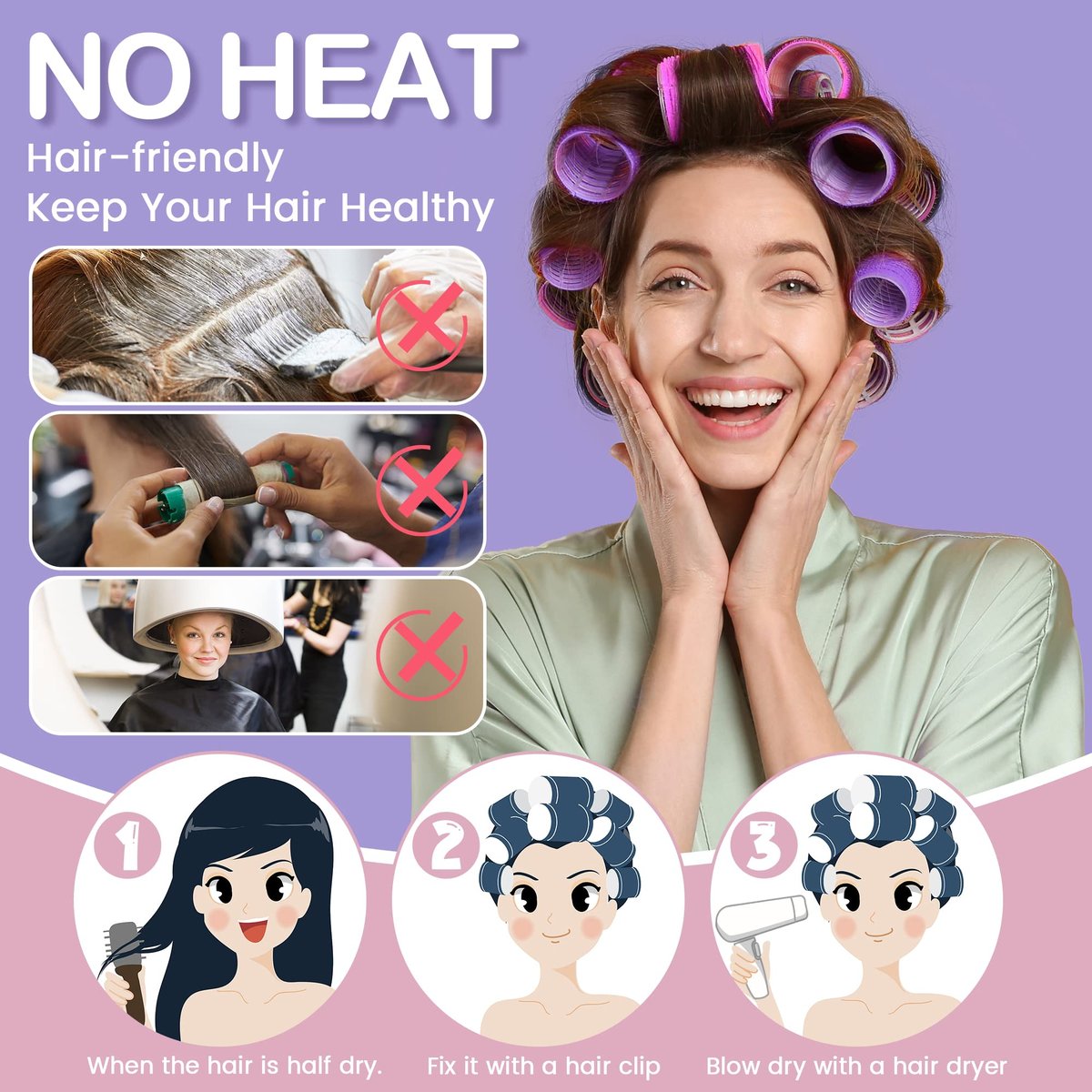 ELASO 33 Piece Self Grip Hair Rollers Set - Large, Medium, Small & Extra Large Foam Rollers for Long, Medium & Short Hair with Stainless Steel Clips & Storage Bag (Purple & Rose) - görsel 12