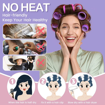ELASO 33 Piece Self Grip Hair Rollers Set - Large, Medium, Small & Extra Large Foam Rollers for Long, Medium & Short Hair with Stainless Steel Clips & Storage Bag (Purple & Rose)