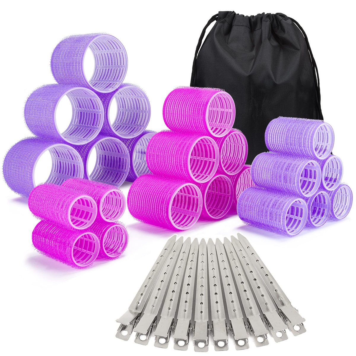 ELASO 33 Piece Self Grip Hair Rollers Set - Large, Medium, Small & Extra Large Foam Rollers for Long, Medium & Short Hair with Stainless Steel Clips & Storage Bag (Purple & Rose) - görsel 2