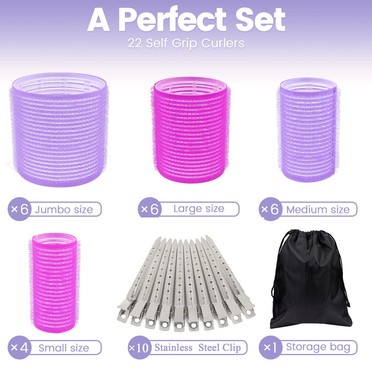 ELASO 33 Piece Self Grip Hair Rollers Set - Large, Medium, Small & Extra Large Foam Rollers for Long, Medium & Short Hair with Stainless Steel Clips & Storage Bag (Purple & Rose) - görsel 4