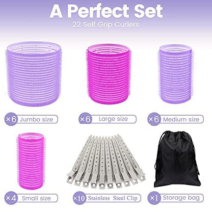 ELASO 33 Piece Self Grip Hair Rollers Set - Large, Medium, Small & Extra Large Foam Rollers for Long, Medium & Short Hair with Stainless Steel Clips & Storage Bag (Purple & Rose)