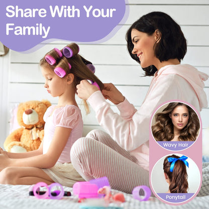 ELASO 33 Piece Self Grip Hair Rollers Set - Large, Medium, Small & Extra Large Foam Rollers for Long, Medium & Short Hair with Stainless Steel Clips & Storage Bag (Purple & Rose)