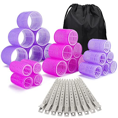 ELASO 33 Piece Self Grip Hair Rollers Set - Large, Medium, Small & Extra Large Foam Rollers for Long, Medium & Short Hair with Stainless Steel Clips & Storage Bag (Purple & Rose) - görsel 1