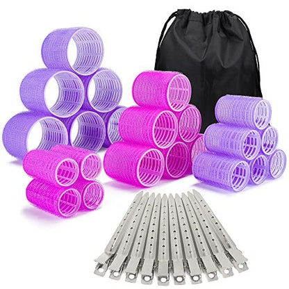 ELASO 33 Piece Self Grip Hair Rollers Set - Large, Medium, Small & Extra Large Foam Rollers for Long, Medium & Short Hair with Stainless Steel Clips & Storage Bag (Purple & Rose)