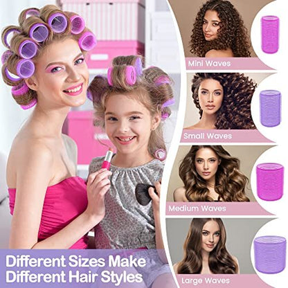 ELASO 33 Piece Self Grip Hair Rollers Set - Large, Medium, Small & Extra Large Foam Rollers for Long, Medium & Short Hair with Stainless Steel Clips & Storage Bag (Purple & Rose)