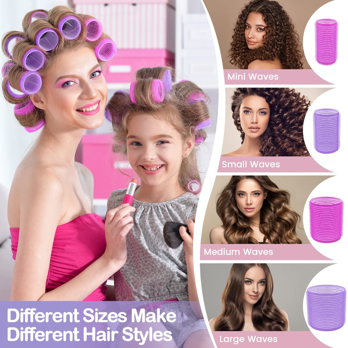 ELASO 33 Piece Self Grip Hair Rollers Set - Large, Medium, Small & Extra Large Foam Rollers for Long, Medium & Short Hair with Stainless Steel Clips & Storage Bag (Purple & Rose) - görsel 8