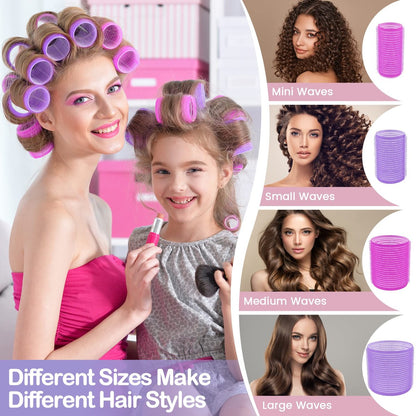 ELASO 33 Piece Self Grip Hair Rollers Set - Large, Medium, Small & Extra Large Foam Rollers for Long, Medium & Short Hair with Stainless Steel Clips & Storage Bag (Purple & Rose)