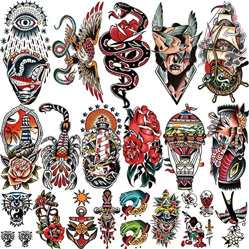 77 Sheets Classic Temporary Tattoos for Adults - Old School Sailor Jerry Style Fake Tattoos, American Traditional Rose Arm Tattoo Stickers for Women Men Kids - görsel 2