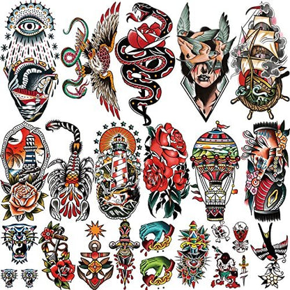 77 Sheets Classic Temporary Tattoos for Adults - Old School Sailor Jerry Style Fake Tattoos, American Traditional Rose Arm Tattoo Stickers for Women Men Kids